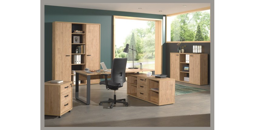 Meuble haut de rangement pour bureau 2 portes et étagères coloris chêne doré collection DEPÉ