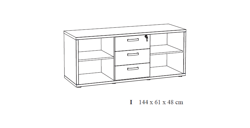 Buffet bas de rangement pour bureau 4 niches et 3 tiroirs coloris chêne doré collection DEPÉ
