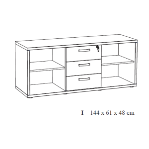 Buffet bas de rangement pour bureau 4 niches et 3 tiroirs coloris chêne doré collection DEPÉ