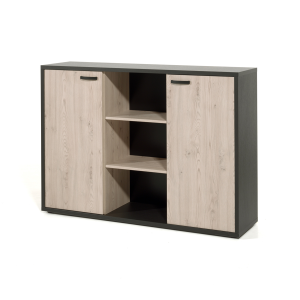 Buffet bas de rangement pour bureau 2 portes et étagères coloris chêne et noir collection DEPÉ