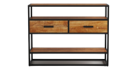 Console de salon avec tiroir et étagère de style industriel en bois massif exotique de Mangolia. Collection MADEIRO