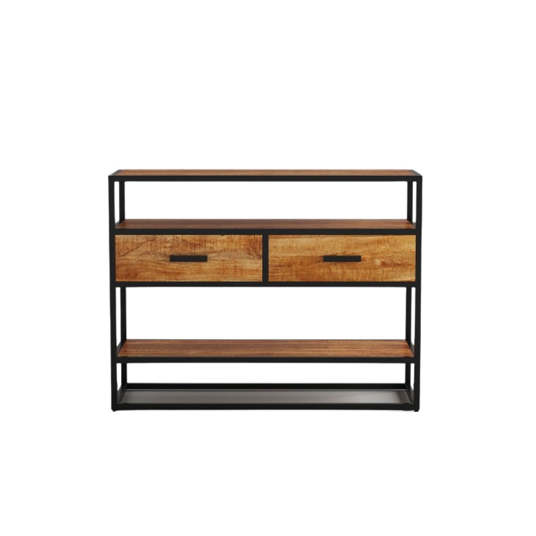 Console de salon avec tiroir et étagère de style industriel en bois massif exotique de Mangolia. Collection MADEIRO