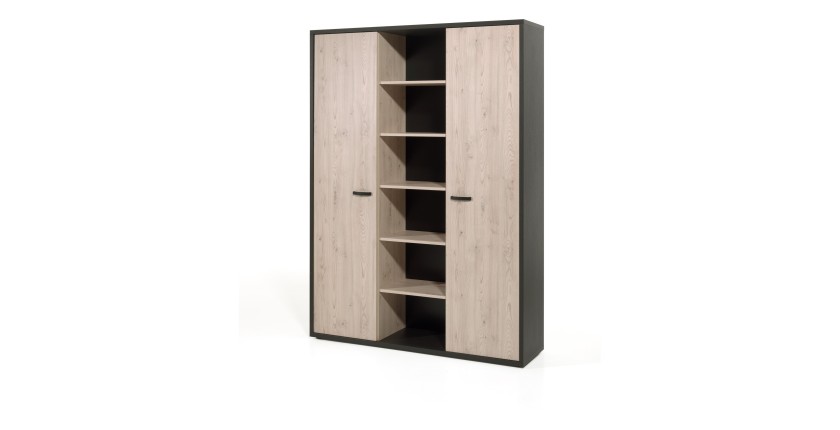 Meuble haut de rangement pour bureau 2 portes et étagères coloris chêne clair et noir