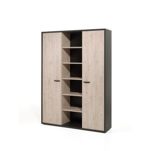 Meuble haut de rangement pour bureau 2 portes et étagères coloris chêne clair et noir
