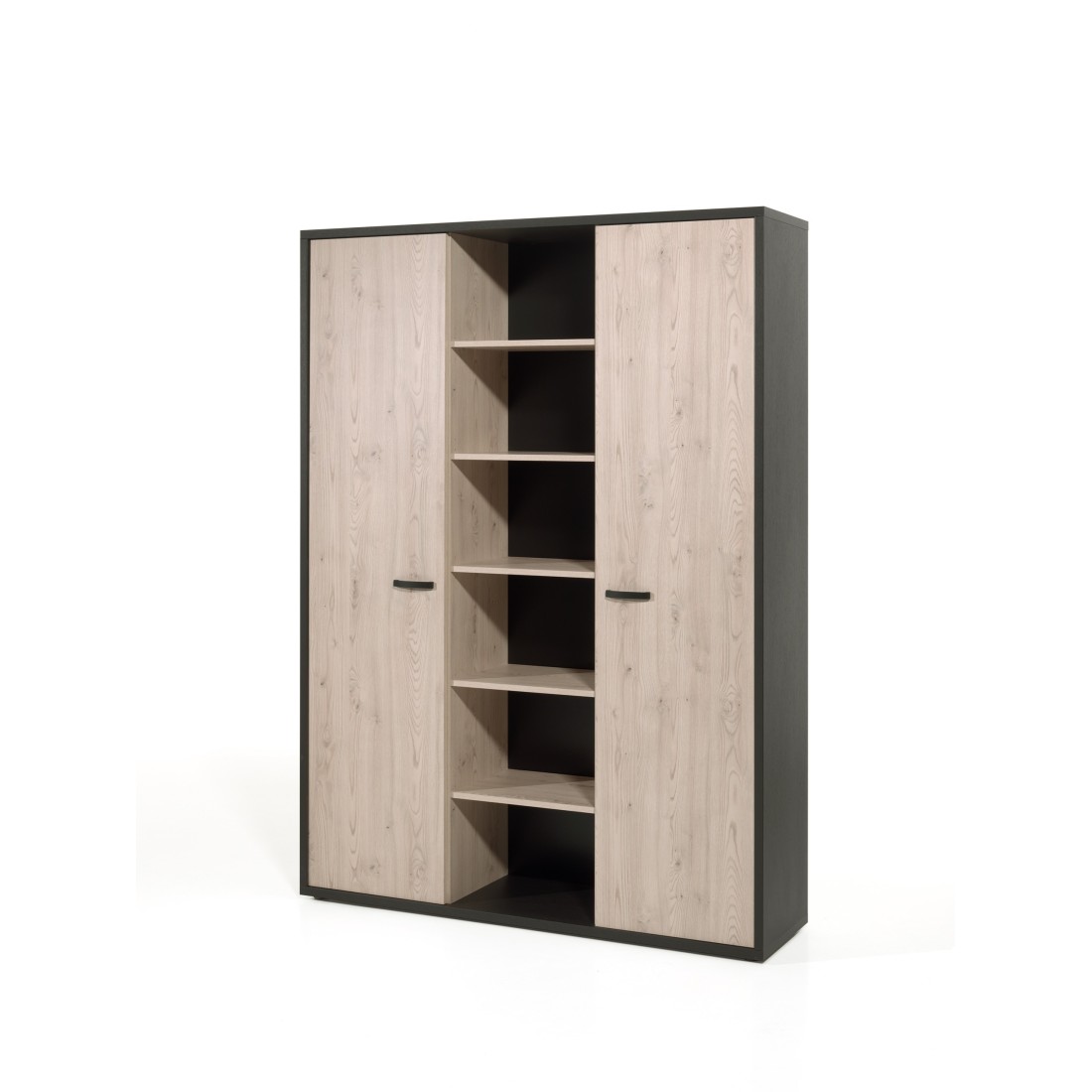 Meuble haut de rangement pour bureau 2 portes et étagères coloris chêne clair et noir