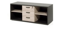 Buffet bas de rangement pour bureau 4 niches et 3 tiroirs coloris chêne clair et noir