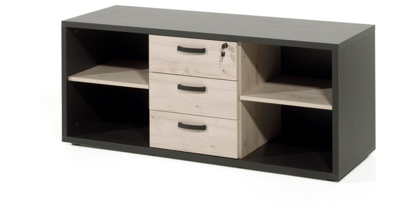 Buffet bas de rangement pour bureau 4 niches et 3 tiroirs coloris chêne clair et noir