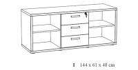 Buffet bas de rangement pour bureau 4 niches et 3 tiroirs coloris chêne clair et noir