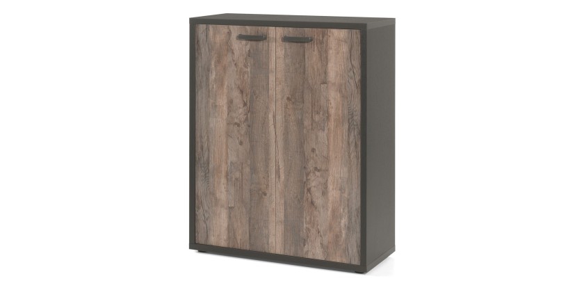 Rangement Bureau - Meuble 2 Portes coloris Noir et Chêne vieilli | Collection SOON | Meublorama