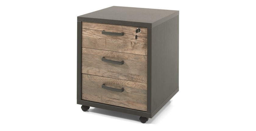 Caisson de rangement bureau 3 tiroirs coloris Noir et Chêne vieilli | Collection SOON | Meublorama