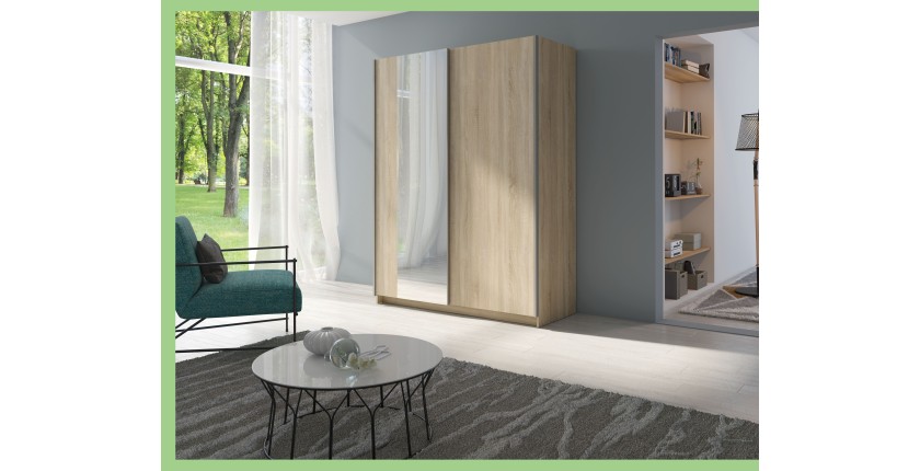 Armario GOZU de 2 puertas correderas con espejo - Color Roble Sonoma - 180 x 198 x 62 cm