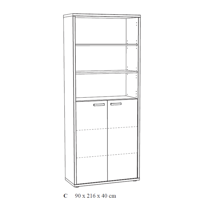 Biblioteca da ufficio SOON – 2 porte e 4 scaffali – Rovere invecchiato & nero – L90 x H216 x P40 cm