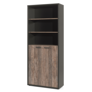 Bibliothèque de Bureau - Meuble 2 Portes et étagères Chêne vieilli et Noir | Collection SOON | Meublorama