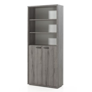 Bibliothèque de Bureau - Meuble 2 Portes et étagères coloris gris effet bois | Collection SOON | Meublorama
