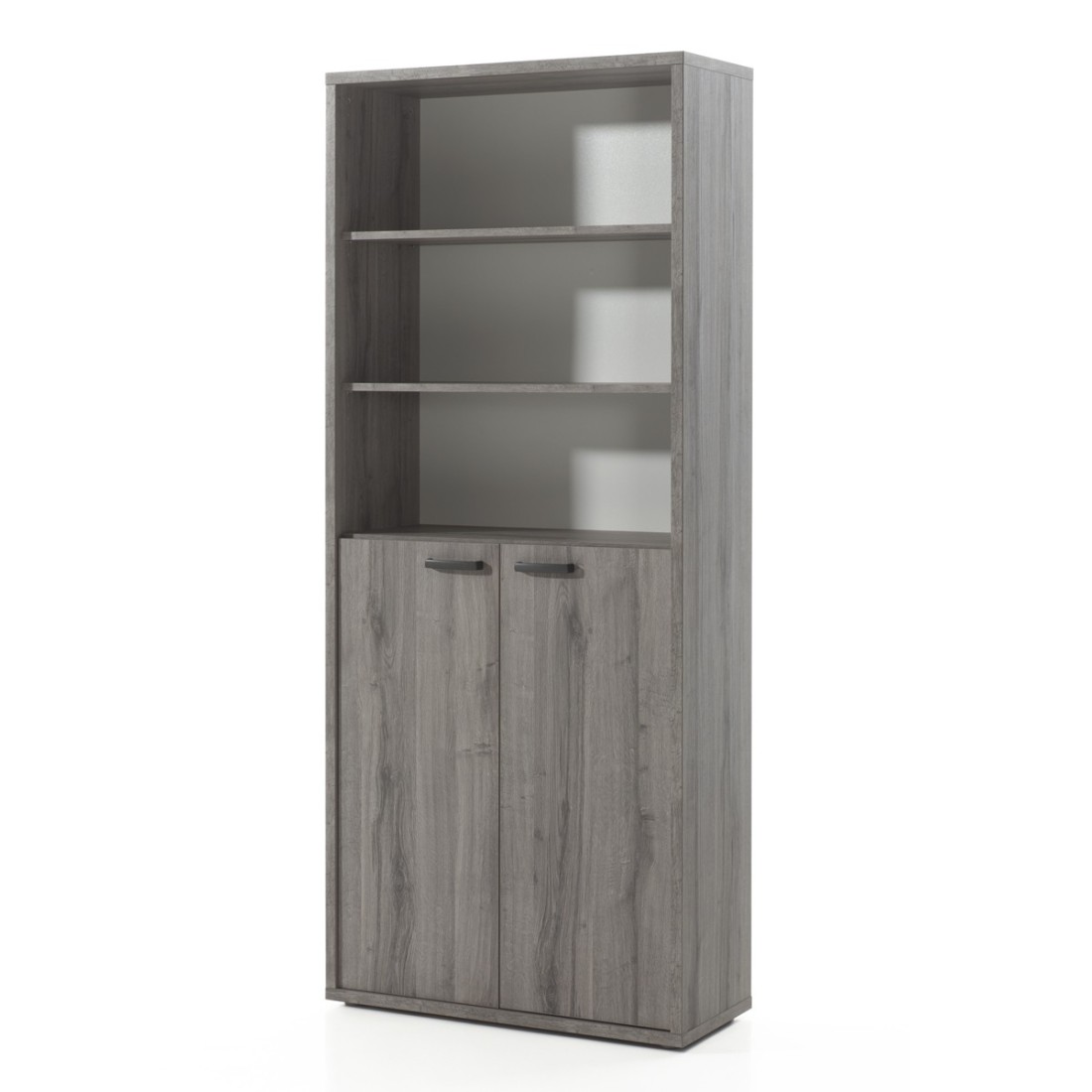 Bibliothèque de Bureau - Meuble 2 Portes et étagères coloris gris effet bois | Collection SOON | Meublorama