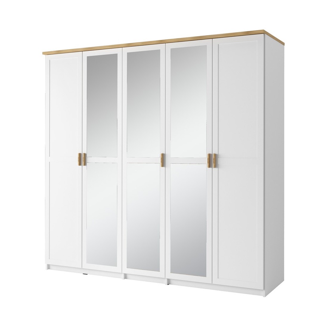Armoire 5 Portes 226cm collection JASPER, Coloris blanc, finition chêne wotan, idéal pour une grande chambre