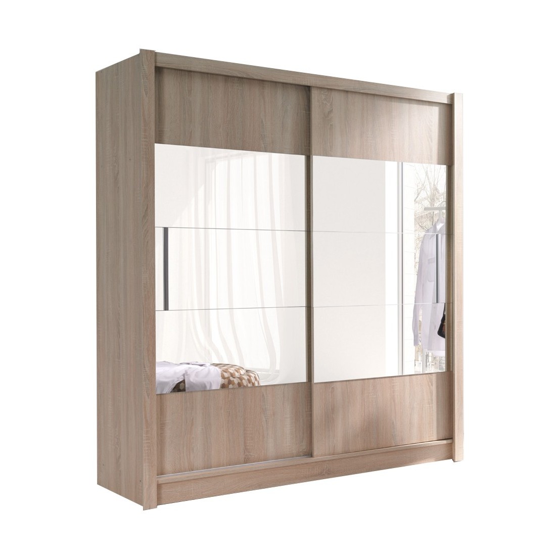 Armoire, garde robe ROME 180 cm deux portes avec miroir. Dressing complet avec penderie et étagères. Coloris chêne sonoma