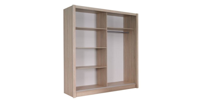 Armoire, garde robe ROME 180 cm deux portes avec miroir. Dressing complet avec penderie et étagères. Coloris chêne sonoma