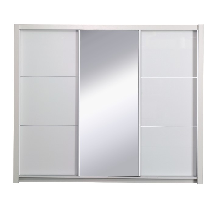 Armoire, garde robe SENA 208 cm deux portes avec miroir. Dressing complet avec penderie et étagères. Coloris Blanc brillant