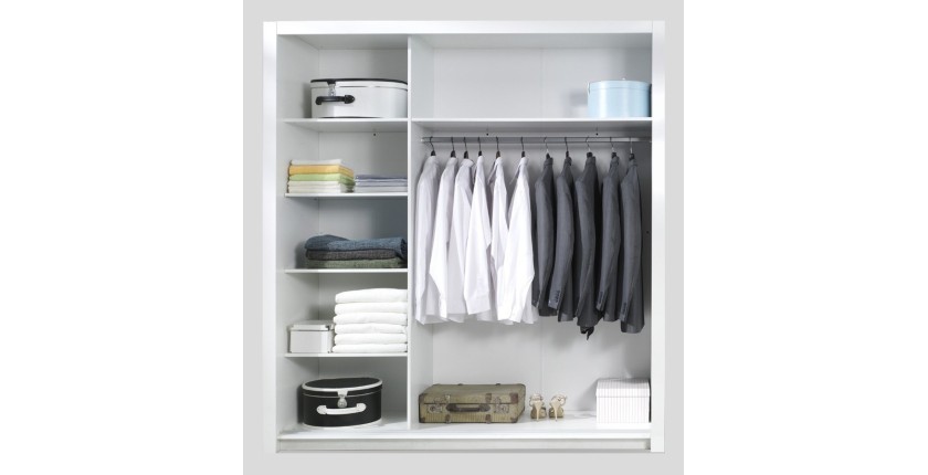 Armoire, garde robe SENA 208 cm deux portes avec miroir. Dressing complet avec penderie et étagères. Coloris Blanc brillant