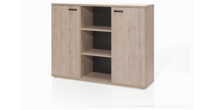 Buffet bas de rangement pour bureau 2 portes et étagères coloris chêne clair collection YUKON
