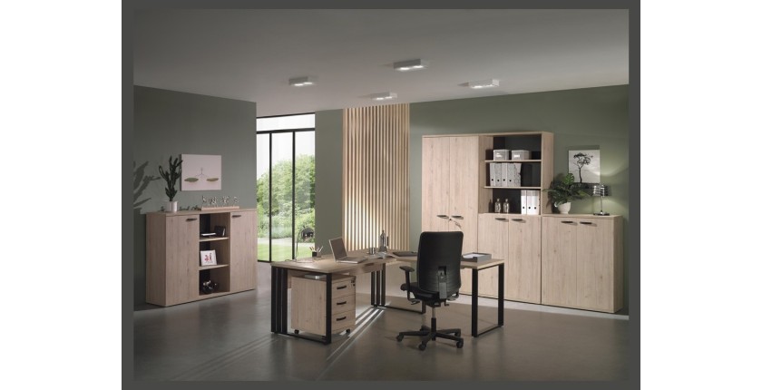 Buffet bas de rangement pour bureau 2 portes et étagères coloris chêne clair collection YUKON
