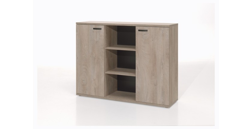Buffet bas de rangement pour bureau 2 portes et étagères coloris chêne brut collection YUKON
