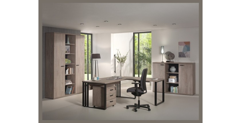 Buffet bas de rangement pour bureau 2 portes et étagères coloris chêne brut collection YUKON