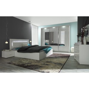 Ensemble lit PANAREA 180x200 avec LED, sommier et chevets – Blanc brillant – Lit design moderne