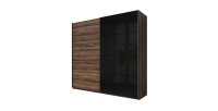 Chambre à coucher FLOYD : Armoire 220cm, Lit 180x200, commode, chevets. Couleur chêne foncé et noir brillant