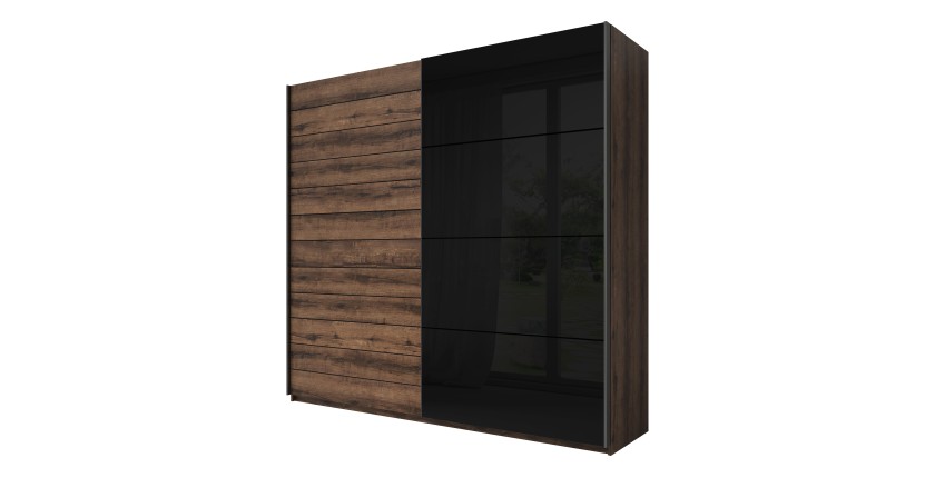 Chambre à coucher FLOYD : Armoire 220cm, Lit 180x200, commode, chevets. Couleur chêne foncé et noir brillant