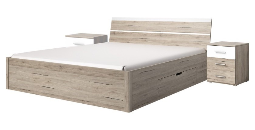 Ensemble Lit 180x200 et Chevets collection EOS. Couleur chêne clair et blanc.