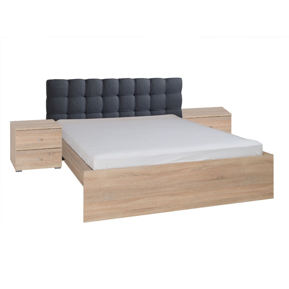 Ensemble lit 160x200 avec sommier, tiroir et chevets – Chêne sonoma – Lit design avec rangement