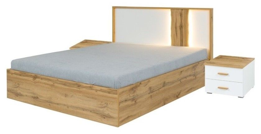 Pack lit coffre WOOD 160 x 200 cm avec 2 chevets – Blanc et chêne – Ensemble chambre moderne