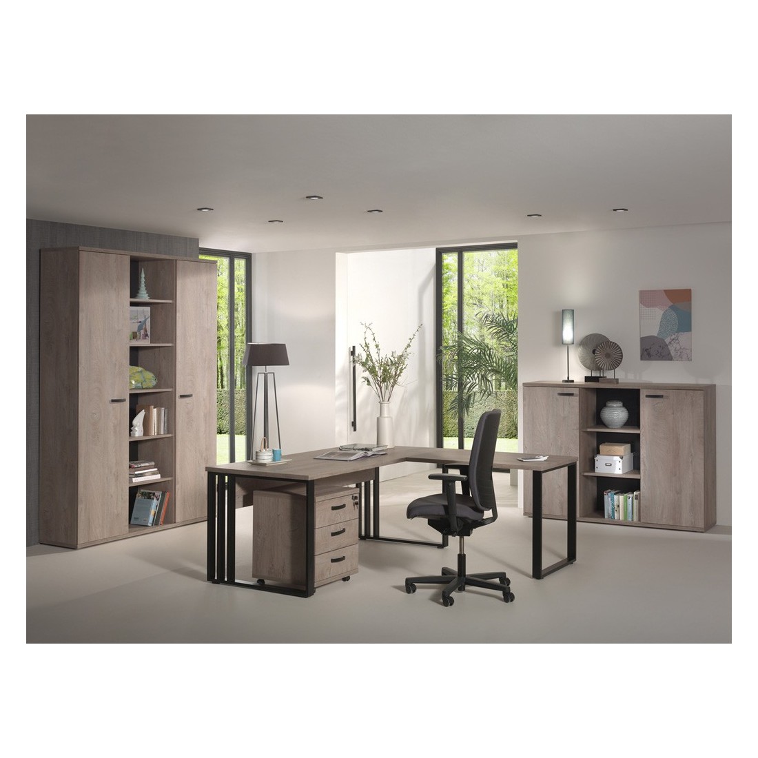 Ensemble de 5 meubles de bureau professionnel coloris chêne brut collection YUKON. Pieds métalliques