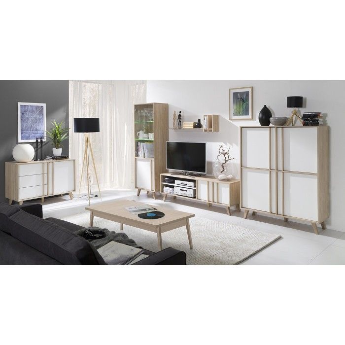 Meuble TV MALMO chêne clair et blanc mis en situation avec d'autres meubles de la collection
