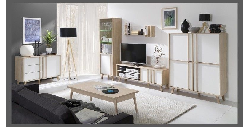 Meuble TV MALMO chêne clair et blanc mis en situation avec d'autres meubles de la collection