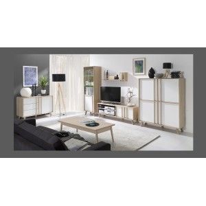 Meuble TV MALMO chêne clair et blanc mis en situation avec d'autres meubles de la collection