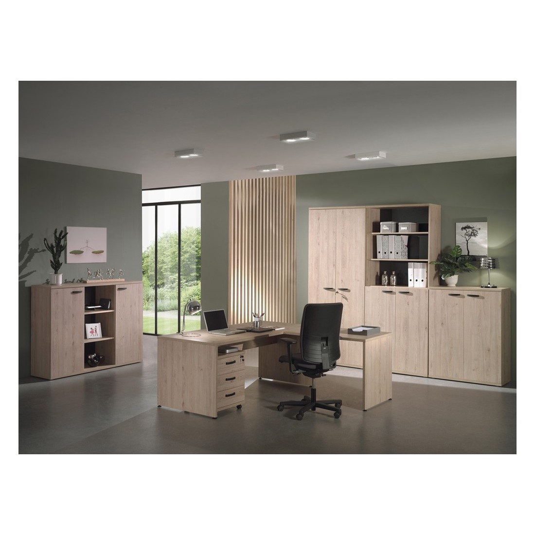 Ensemble de 7 meubles de bureau professionnel coloris chêne clair collection YUKON.