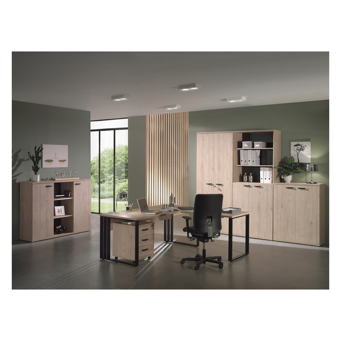 Ensemble de 7 meubles de bureau professionnel coloris chêne clair collection YUKON. Pieds métalliques
