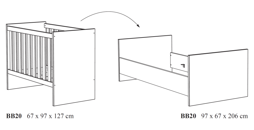 Lettino per bambini robusto 60x120 trasformabile in letto per bambini 90x200 colore quercia dorata collezione TIMMY.