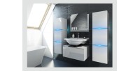 Meuble sous vasque suspendu collection OWL, coloris blanc mat brillant, avec plaque en verre noir, idéal pour une salle de bain