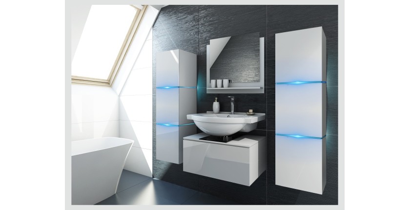 Meuble sous vasque suspendu collection OWL, coloris blanc mat brillant, avec plaque en verre noir, idéal pour une salle de bain