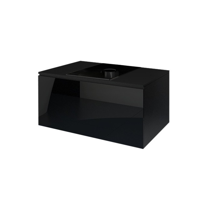 Meuble sous vasque suspendu collection OWL, coloris noir mat et brillant + plaque en verre noir, idéal pour une salle de bain