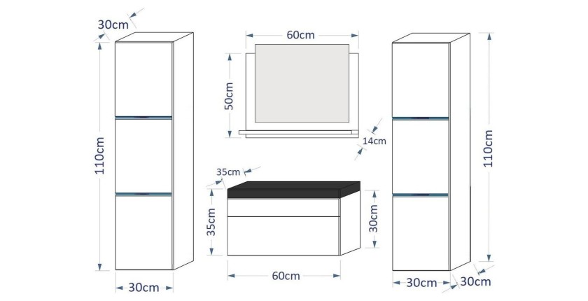 Ensemble meubles de salle de bain collection RAVEN, coloris noir mat et brillant, avec vasque 60cm et deux colonnes