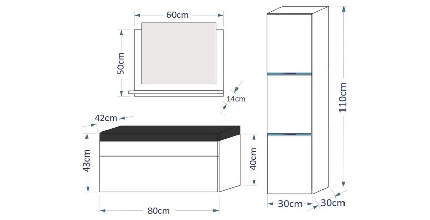 Ensemble meubles de salle de bain collection RAVEN, coloris noir mat et brillant, avec vasque 80cm et une colonne