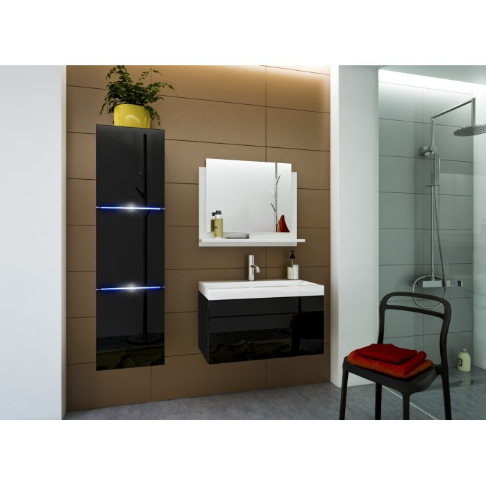 Ensemble meubles de salle de bain collection RAVEN, coloris noir mat et brillant, avec vasque 60cm et une colonne