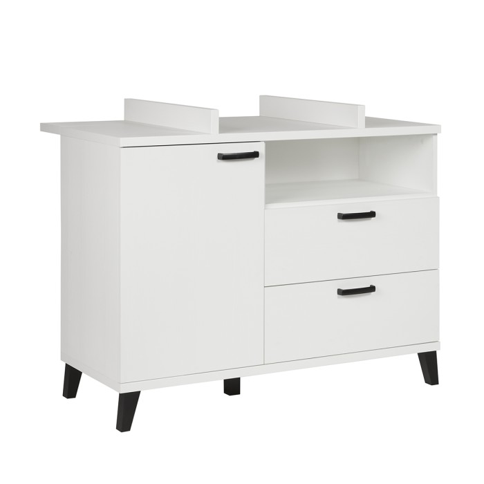 Baby- of kinderkamer DANAÉ, wit van kleur, bed 60x120 omvormbaar tot 90x200, kledingkast, commode met verschoonruimte en nachtka