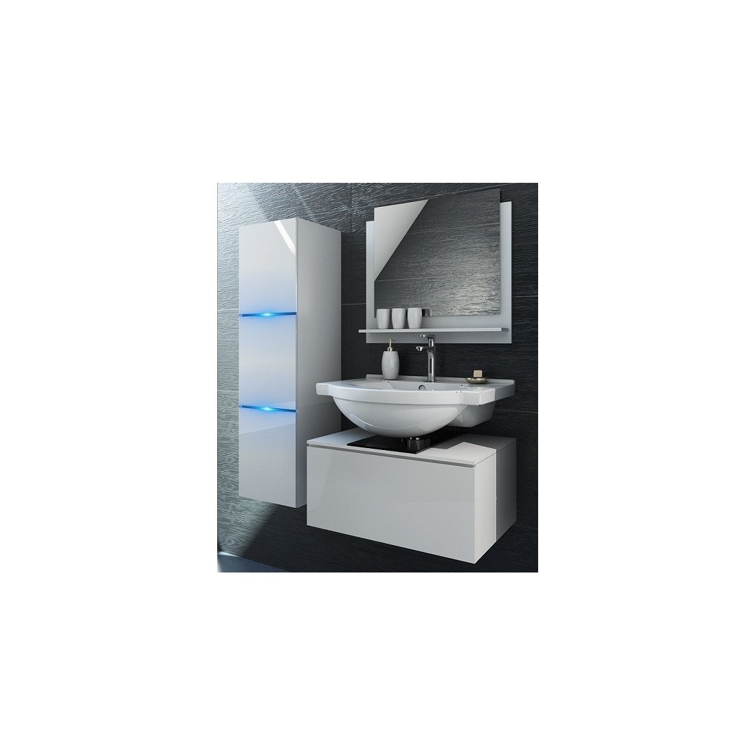 Ensemble meubles de salle de bain collection OWL, coloris blanc mat et brillant avec une colonne