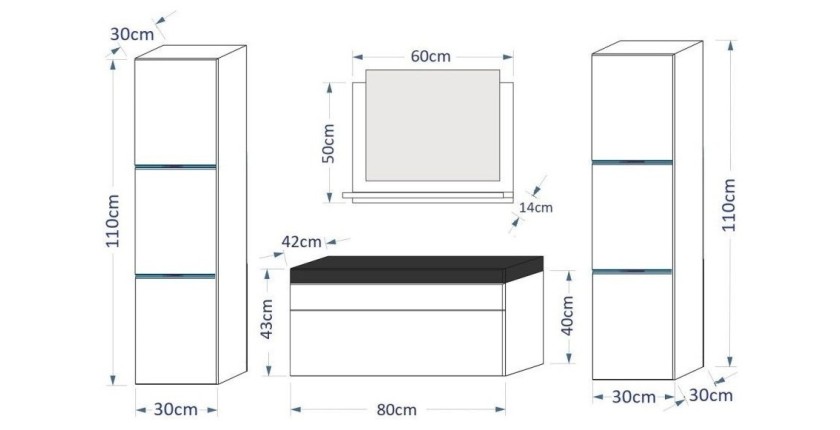 Meuble sous vasque 80cm suspendu collection RAVEN, coloris blanc mat et brillant, avec vasque et siphon inclus